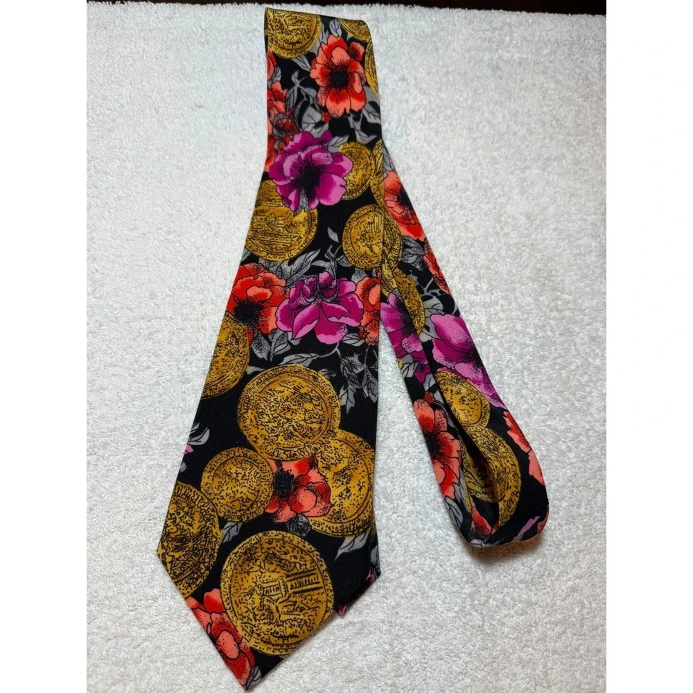 Enrico Nitti Mens Silk Tie Italy Gold Coins Floral Red Magenta Black Necktie